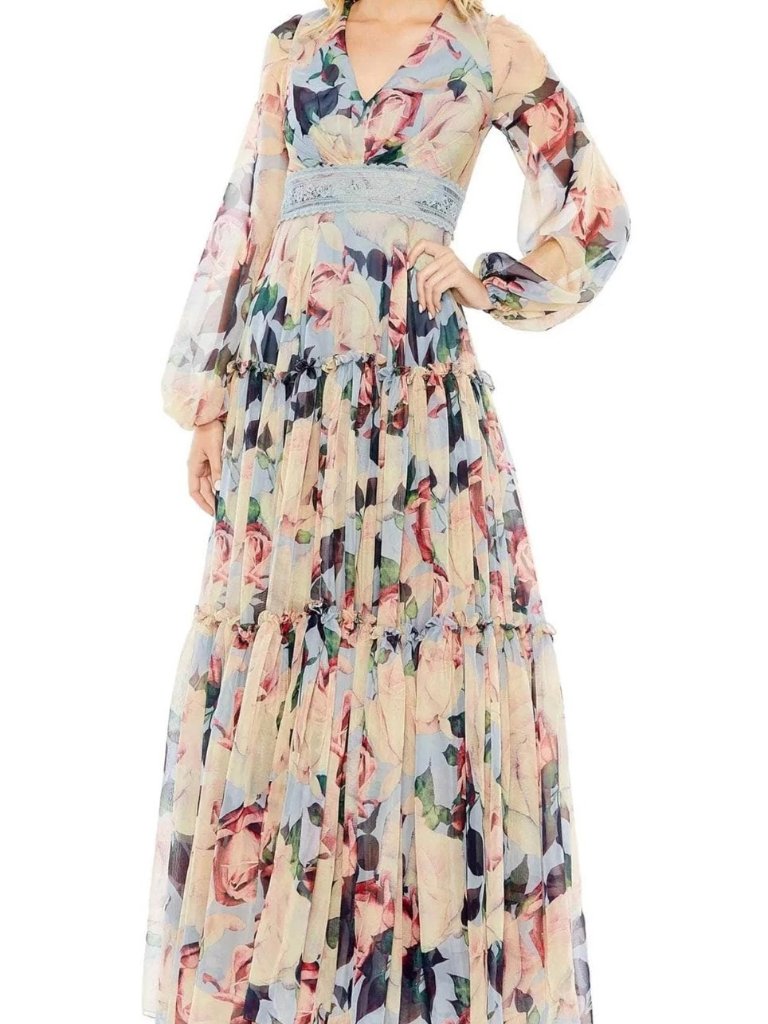 Mac Duggal Blue Multi Floral Long Sleeve Embroidered Chiffon Gown